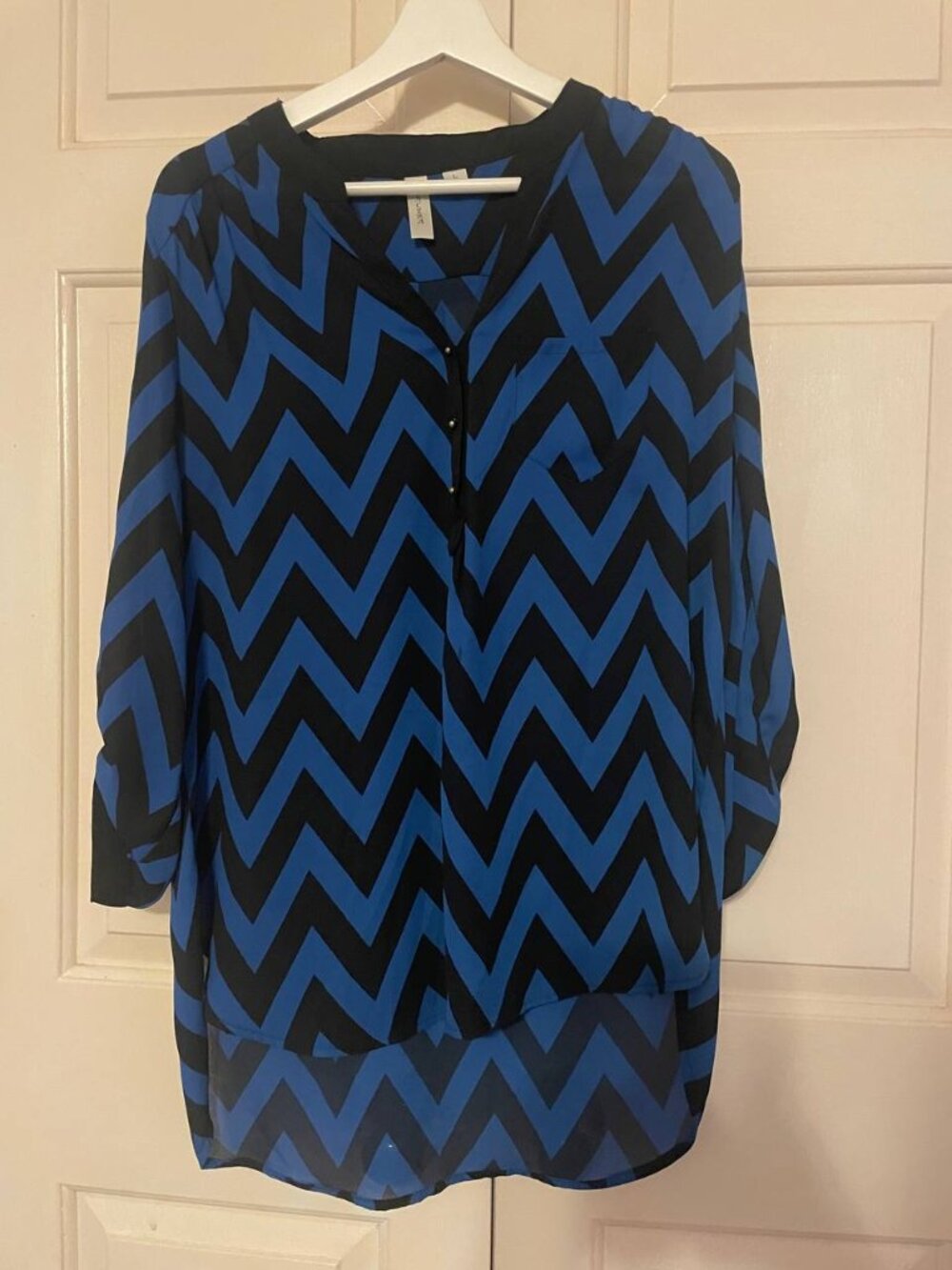 TACERA Blue & Black Chevron Blouse - Chic Boho Style Tunic, Size L
